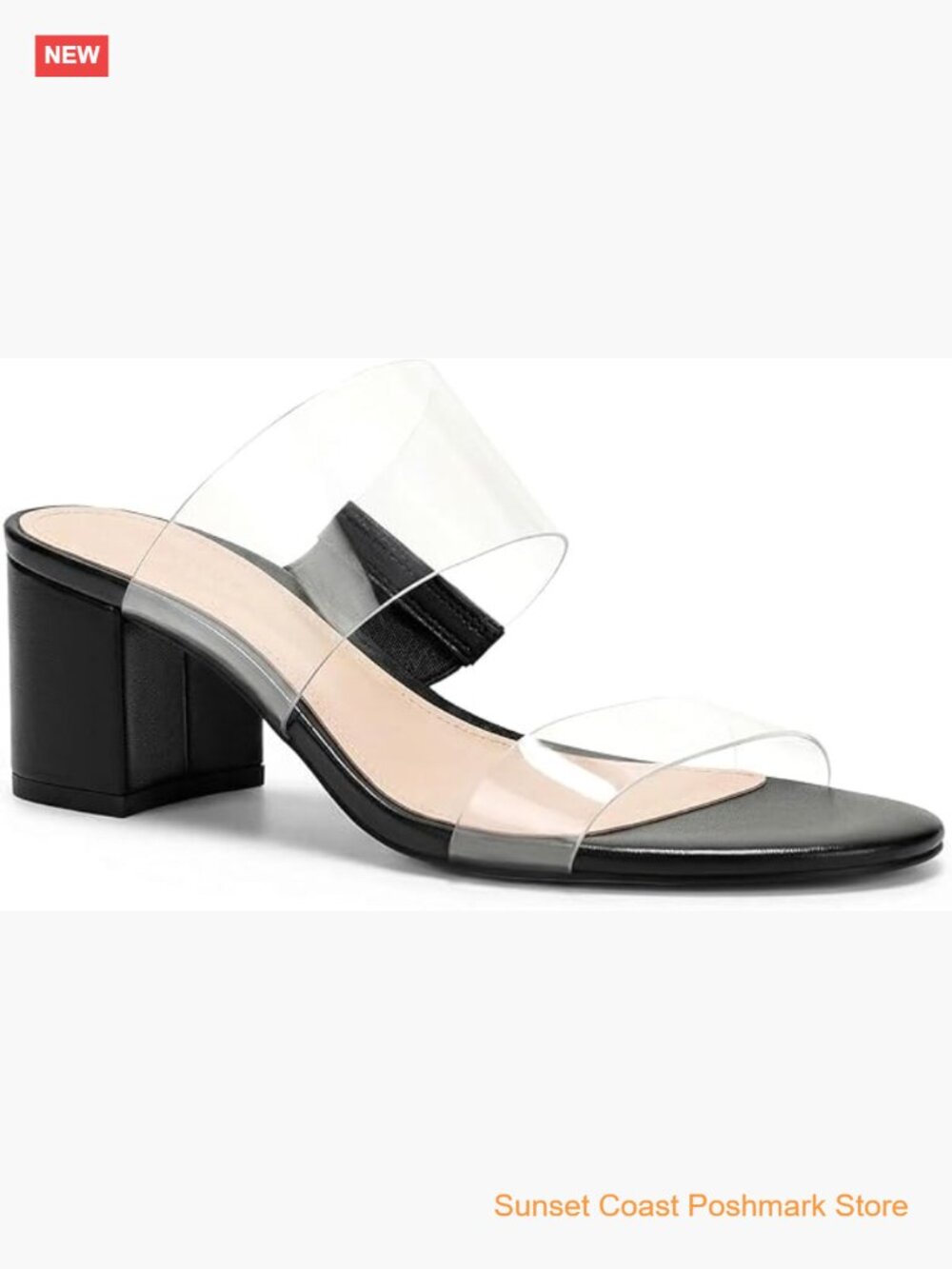 Women's Clear Heeled Sandals Two Strap Chunky Block Heels Mules Open Toe Slip